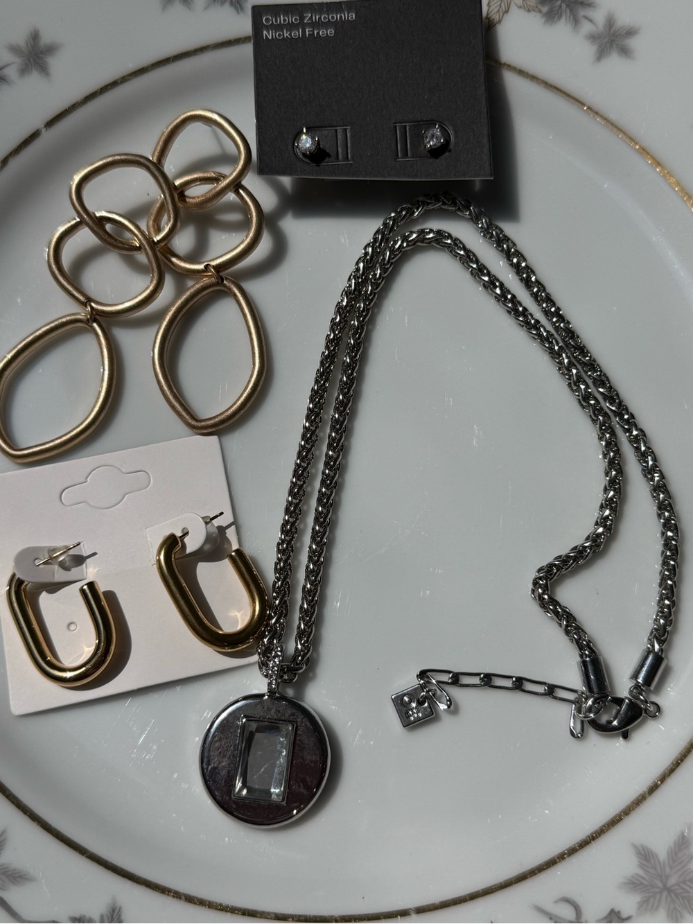 4 Pc Jewelry Bundle Necklace CZ Studs Gold Hoops Statement Earrings NWOT